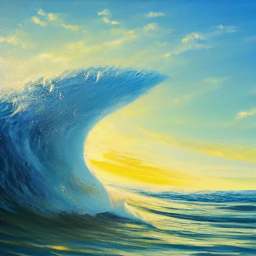 Prompt: an android robot surfing. epic oil painting. large cresting wave. tubular wave. sunlight. white cap. sunset clouds.