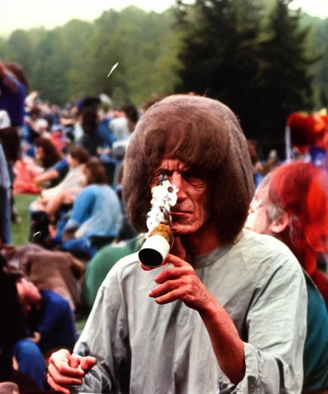 Prompt: photograph of emperor palpatine smoking weed at woodstock in 1 9 6 9, 3 5 mm film, kodachrome