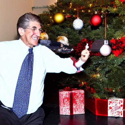 Prompt: Happy Joe Manchin playing with coal in front of a Christmas tree