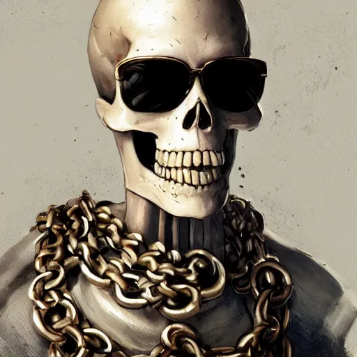 Prompt: commission portrait of a skeleton wearing sunglasses and a golden chain around the neck,character design by charles bowater,greg rutkowski,ross tran,hyperdetailed,hyperrealistic,4k,deviantart,artstation,professional photography,concept art,art by notchalla