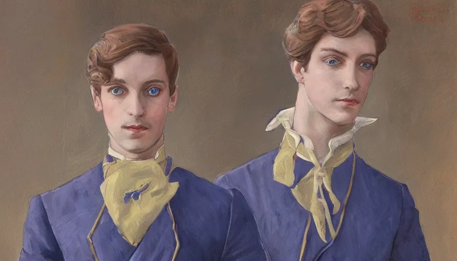 Prompt: art nouveau portrait of prince paul atreides with shining blue eyes