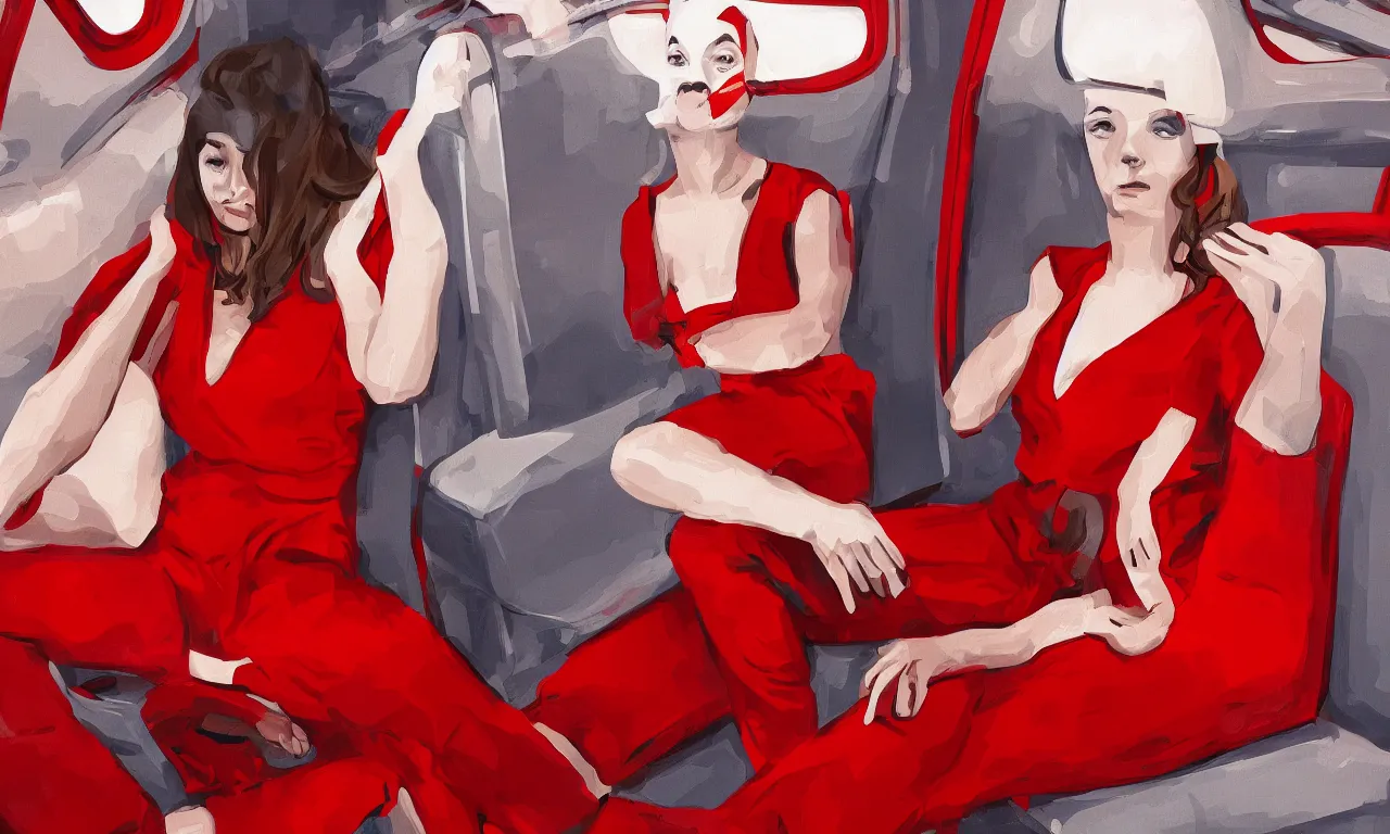 Prompt: a pretty woman wearing a red jumpsuit, a red domino mask, and red platform shoes, sits on the train, with her head resting on her hands, digital art, highly detailed, 4 k