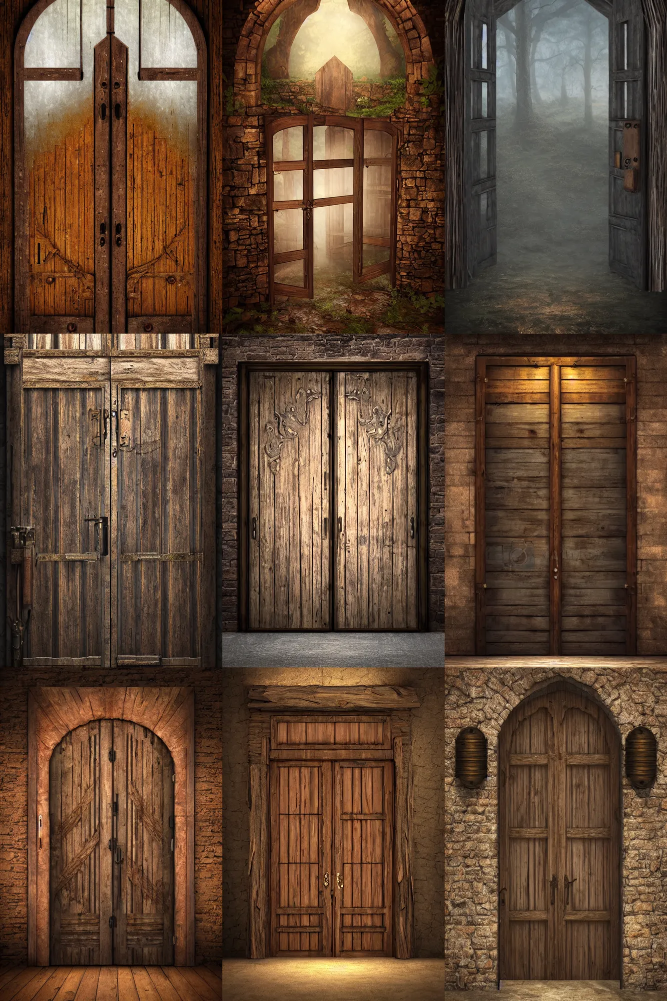 Prompt: large rustic decorated wooden double door with metal handles opening to a fantasy world, strong eerie back light, mist, volymetric light, photorealistic painting