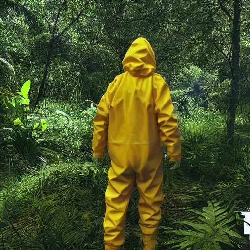 Image similar to a man wearing a hazmat suit and gasmask, walking through a lush jungle, unreal engine 5, ray traced, god rays, extremely high detail