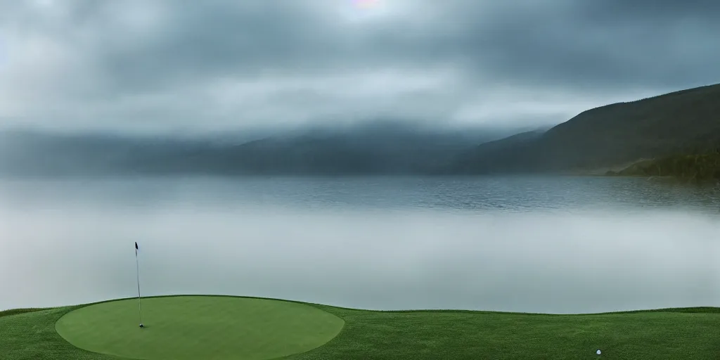 Image similar to a great photograph of the most amazing golf hole in the world completely surrounded by water, loch ness monster in the water, ambient light, golf digest, top 1 0 0, fog