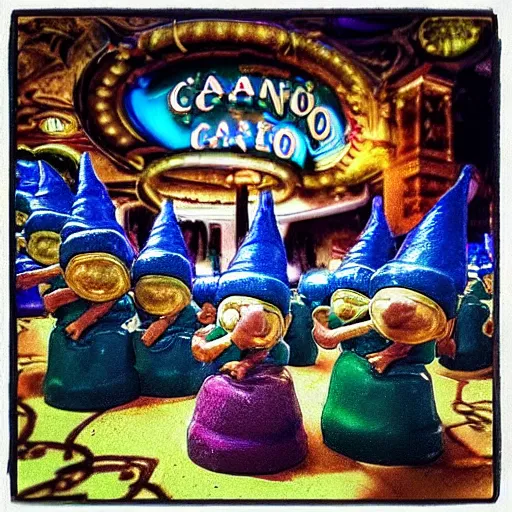Image similar to “ drug addicted gnomes raid the casino monte carlo, daring robbery scene, cinematic scene, imax quality, psychedelic, atmospheric, shadowy, diffuse lighting, fantasy, intricate, highly detailed ”