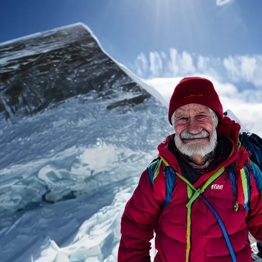 Prompt: elderly man on the summit of mount everest, smiling, happy, everest, mountain climbing, snow, cold, peak, summit, canon eos r 3, f / 1. 4, iso 2 0 0, 1 / 1 6 0 s, 8 k, raw, unedited, symmetrical balance, wide angle