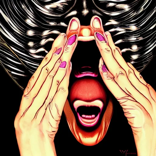 Image similar to portrait closeup of screaming black reflective glossy dark woman, sensual pose, symmetrical, glitches, snakes coming out from her mouth, by yoichi hatakenaka, masamune shirow, josan gonzales and dan mumford, ayami kojima, takato yamamoto, barclay shaw, karol bak, yukito kishiro, moebius