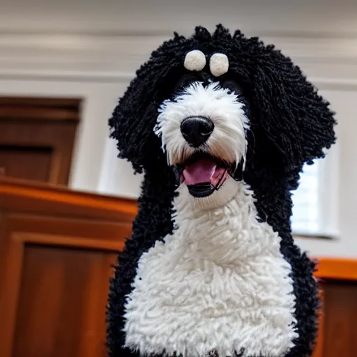 Image similar to a closeup photorealistic photograph of a cute smiling knitted bernedoodle judge dog dressed in a black gown, presiding over the courthouse. indoor shot, professional capture, well lit photo. this 4 k hd image is trending on artstation, featured on behance, well - rendered, extra crisp, features intricate detail, epic composition and the style of unreal engine.