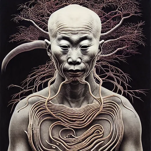 Prompt: ancient japanese monk, by kiki smith, by zdzisław beksinski, by wangechi mutu, concept art, third - person, traverse, bamboo, mushrooms, mycelium, mycena acicula, tremella - fuciformis, insanely detailed and intricate, hypermaximalist, elegant, ornate, hyper realistic, super detailed