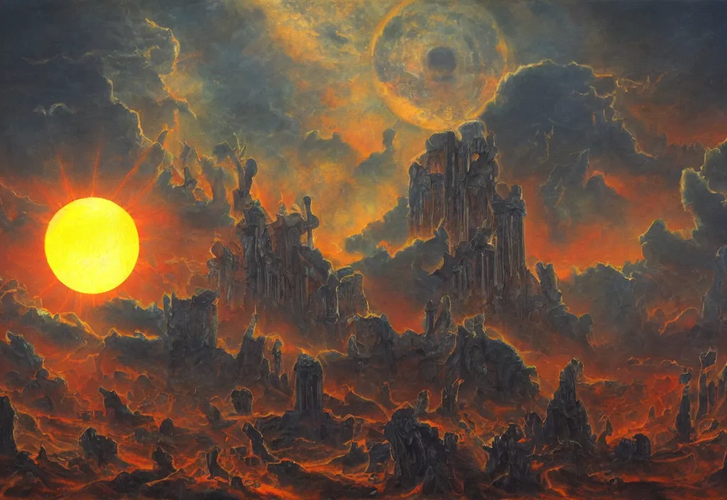 Image similar to shadow of the tyrant Sun above the ruins of the old kingdom red sun dead sky necromantic solar mythos, award winning oil painting, solar mythos palette