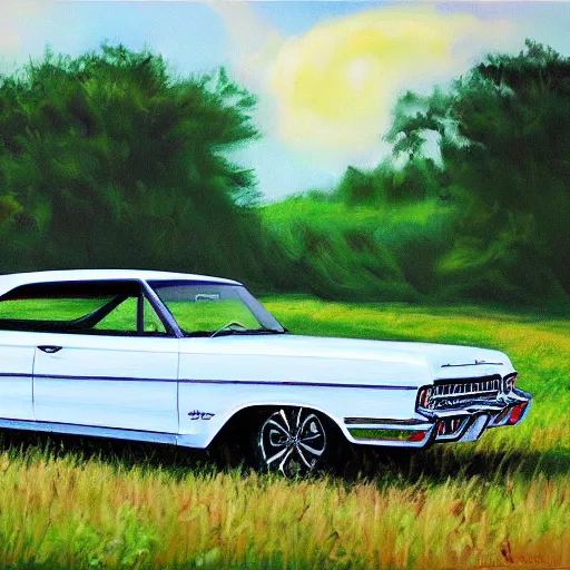 Image similar to chrome impala in a field, oil on canvas, extremely detailed masterpiece