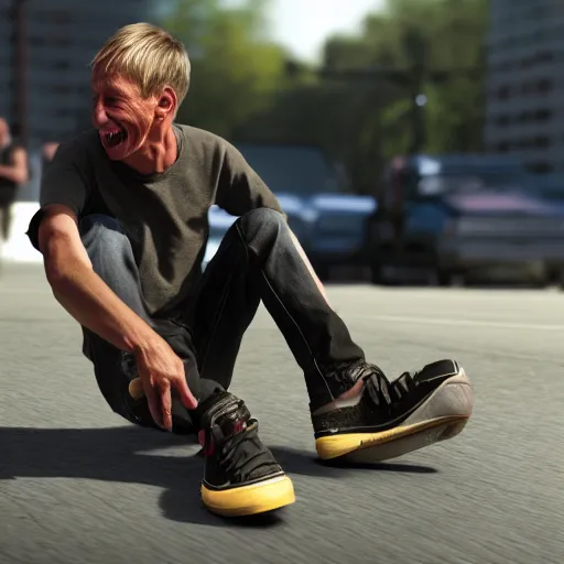 Prompt: tony hawk crying, he has no legs, photograph, hyper realistic, outdoors, midafternoon, 4 k, artstation, unreal engine, cinematic