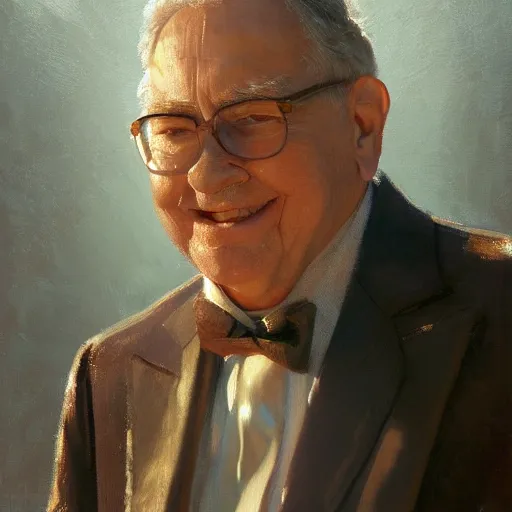 Image similar to detailed realistic cinematic wide shot of beautiful attractive young warren buffet hybrid bear tech man wearing gold suit robe slim face symettrical face clean skin black eyes black robe smooth, sharp focus, ultra realistic, spring light, painting by gaston bussiere, craig mullins, j. c. leyendecker