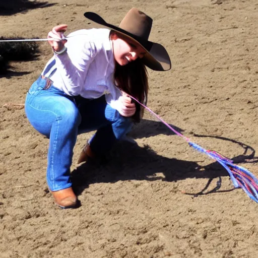 Prompt: an irish lass lassoing a laser lizard live