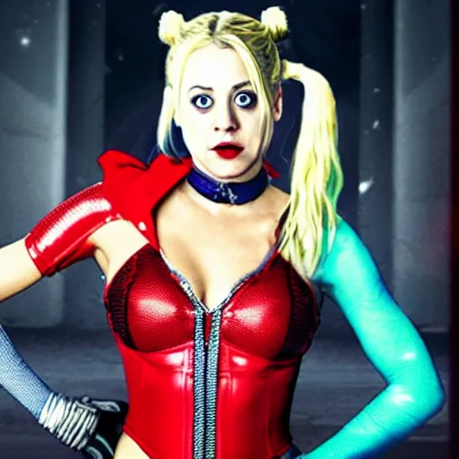 Image similar to A still of Kaley Cuoco as Harley Quinn