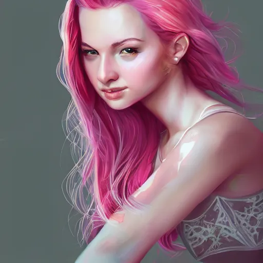 Image similar to full body portrait of teen girl, pink hair, gorgeous, amazing, elegant, intricate, highly detailed, digital painting, artstation, concept art, sharp focus, illustration, art by Ross tran