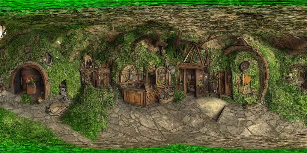 Prompt: seamless equirectangular projection of a 3 6 0 view inside hobbit village