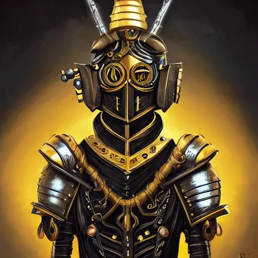 Image similar to Lofi steamPunk portrait knight wearing black and gold plate armor with dragon Pixar style by Tristan Eaton Stanley Artgerm and Tom Bagshaw