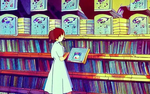 Prompt: a girl in a record store, art by hayao miyazaki, studio ghibli film, wide shot, hi res, 4k
