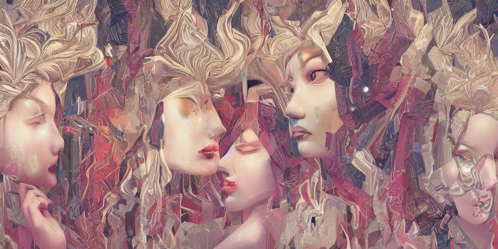 Image similar to breathtaking detailed concept art painting kaleidoscope art deco pattern of blonde faces goddesses amalgamation winter, by hsiao - ron cheng, bizarre compositions, exquisite detail, extremely moody lighting, 8 k