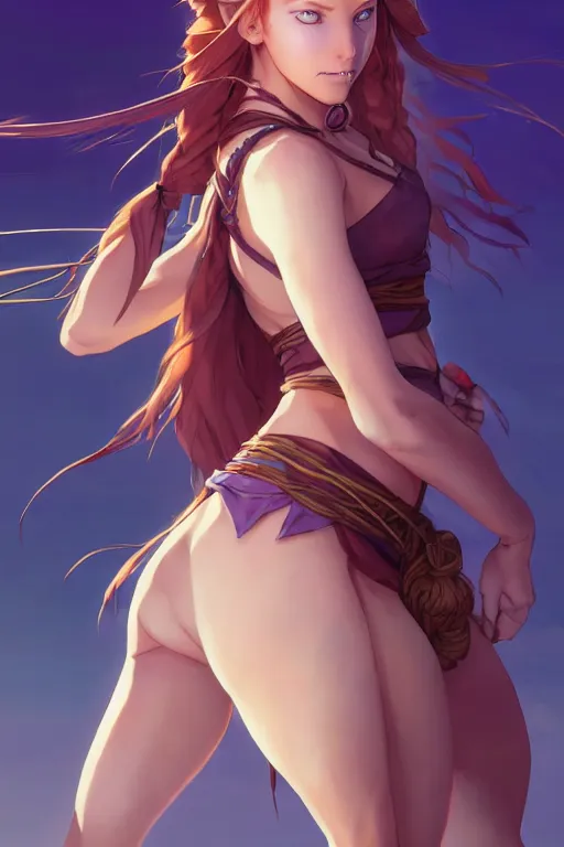 Image similar to long ginger hair, tanned woman in a prehistoric outfit, green eyes, by artgerm, hair tied in a ponytail, white backdrop, soft lighting, blue and purple colors, by greg rutkowski makoto shinkai takashi takeuchi