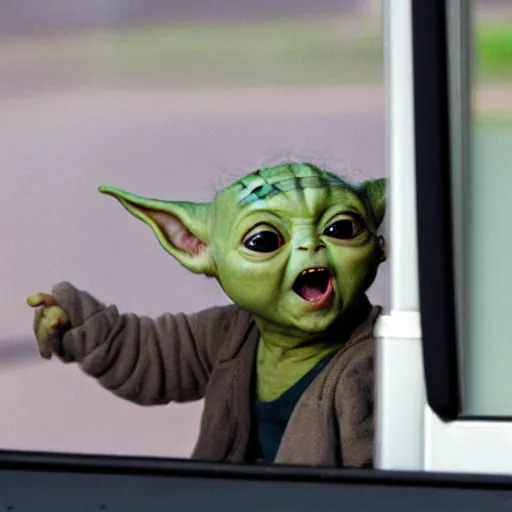 Prompt: baby yoda screaming at the mcdonalds drive thru window