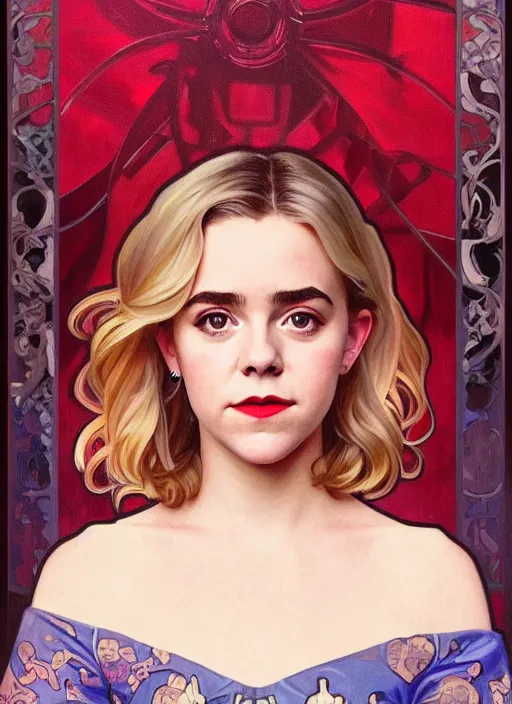 Prompt: oil portrait of kiernan shipka as sabrina spellman, intricate, elegant, highly detailed, lighting, painting, artstation, smooth, illustration, art by greg rutowski and alphonse mucha