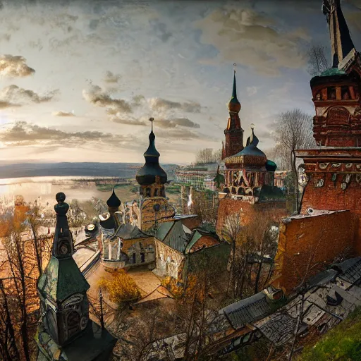 Image similar to photo beautiful magical ancient Slavic Russian city of Kitezh, fisheye lens, painting by Viktor Vasnetsov, concept art, magical city, fantasy cityscape, ancient Slavs, wooden buildings, ancient Russian architecture, terem, hyperborea, top cinematic lighting , cinematic mood, very detailed, 8k, high resolution, trending on artstation, artstationHD,