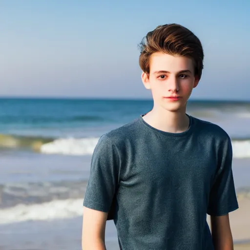 Image similar to portrait of a beautiful teenage boy around 2 0 yo. natural brown hair, pale skin. beach background. detailed face.