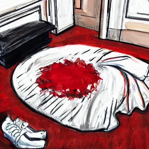 Image similar to a messy painting of a bedroom floor with a wedding dress discarded in a heap and a suit on the floor. Red, black and white Color scheme.