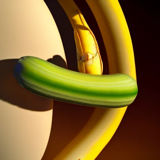 Image similar to a realistic photo of a hungry banana eating a pickle on Saturn, realistic, 3D render, 8k,