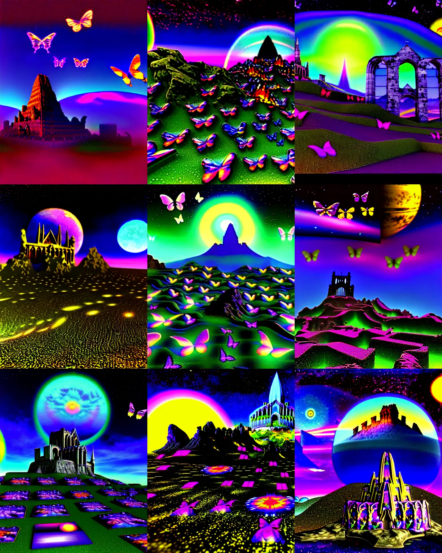 Prompt: 3 d render of cybernetic mountain landscape with cathedral ruins against a psychedelic surreal night sky background with 3 d butterflies and 3 d flowers n the style of 1 9 9 0's cg graphics, lsd dream emulator psx, 3 d rendered y 2 k aesthetic by ichiro tanida, 3 do magazine, wide shot