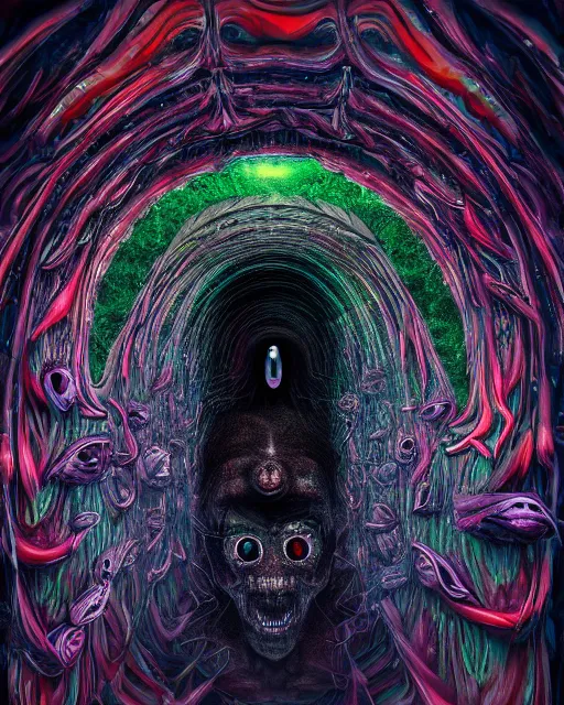 Image similar to realistic portrait of a creature experiment gone wrong, opened portal, psychedelic, dark art, facing camera, photo realistic, detailed, 1 4 5 0, delicate, hyper realism, ultra realistic, 8 k