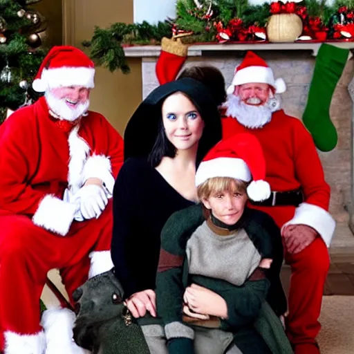 Prompt: Luke Skywalker and family in a Christmas photo with Santa