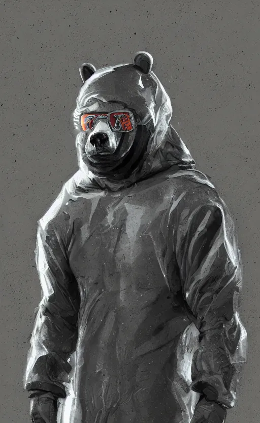 Image similar to portrait of full body bear beast-man wearing a hazmat suit, digital art, concept art, highly detailed, sharp focus