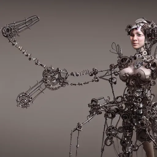 Image similar to portrait of a mechanical fairy with fairy wings, gears, wire and cables, very detailed, very realistic, in the style of Craig Mullins and James Gurney, 4k