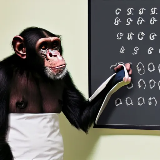 Image similar to a chimpanzee scientist teaching evolution blackboard