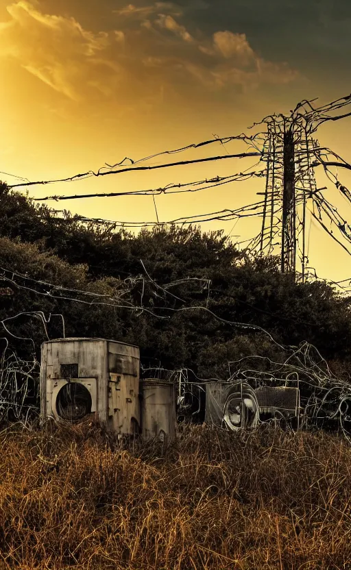 Prompt: a strange giant huge mysterious retro technological bulky faded chrome device or building or power generator with many large wires connecting to it sits abandoned in a grassland near the coast, wires and tubes and conduits everywhere, blinking lights, towers, golden hour, wires on the ground in the foreground, sharp details, cinematic, dramatic clouds in the distance, vines, immense scale, in the style of studio ghibli and simon stalenhag