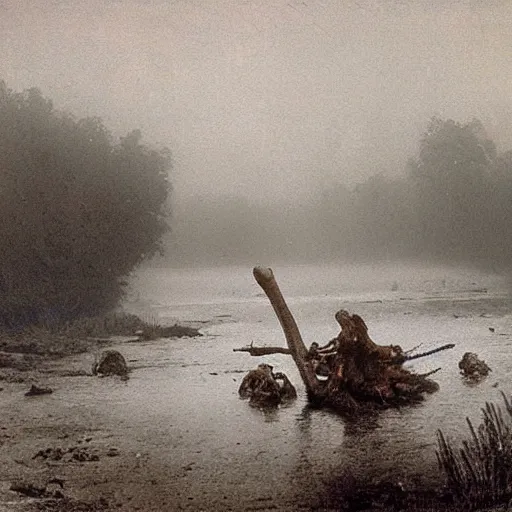 Prompt: Wild river in 1914 , dead giant oversized octopus !!! on side of the river, foggy evening, by Rozalski n-9