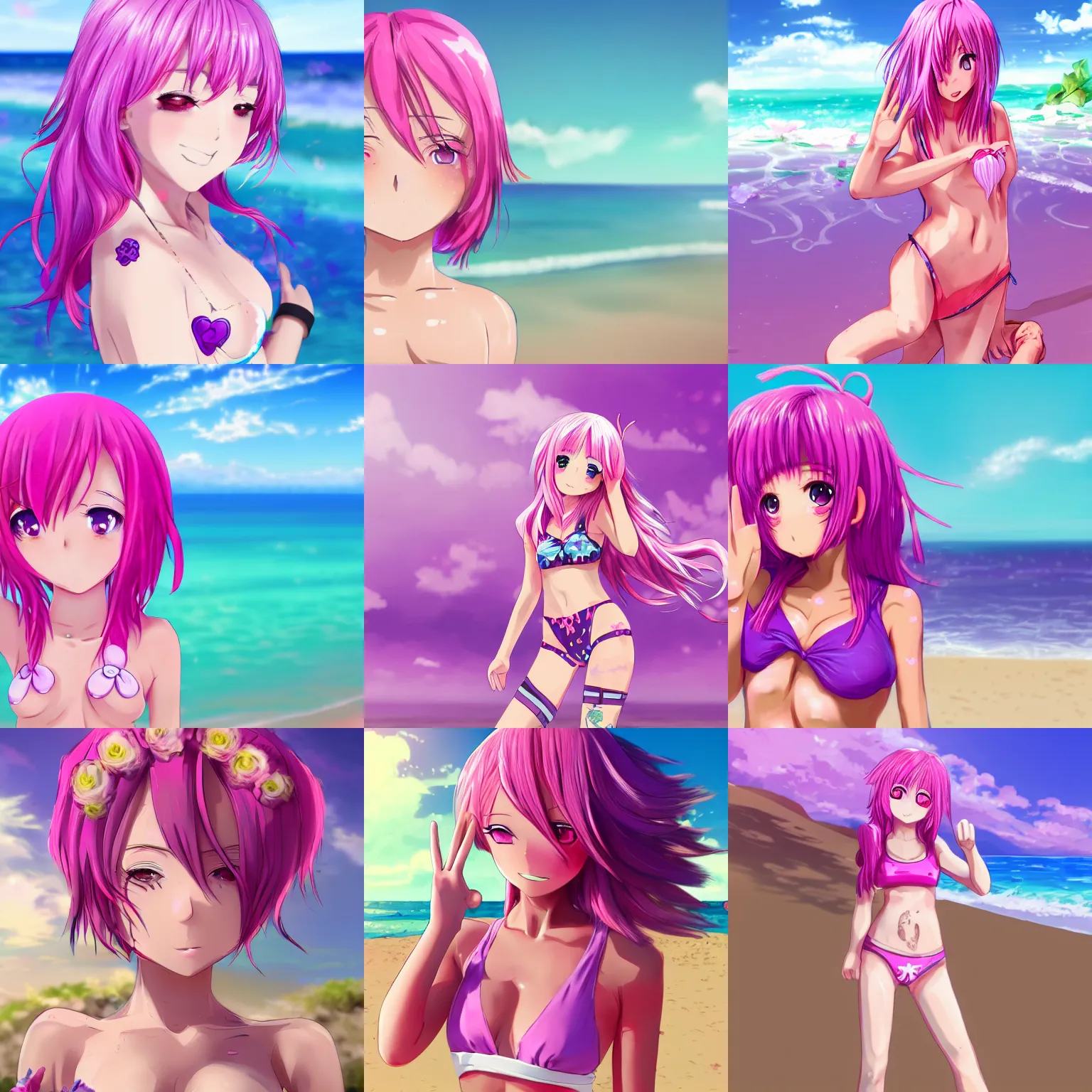 Prompt: anime girl with pink hair on the beach with a 2 piece purple bathing suit with pink rose petals sewn into it, she is doing the peace sign with her tongue sticking out, digital art, ArtStation, 4K
