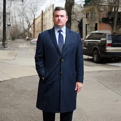 Image similar to the chubby clean-shaven white man stood patiently on the lot wearing an olive green overcoat, dark gray chalk stripe three-piece suit, a blue dress shirt with white cuffs and collars, a midnight blue necktie, and a pair of dirty wheat Timberland work Boots