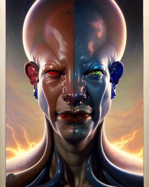 Image similar to a portrait of gemini good and evil fantasy character portrait facing each other, ultra realistic, wide angle, intricate details, the fifth element artifacts, highly detailed by peter mohrbacher, hajime sorayama, wayne barlowe, boris vallejo, aaron horkey, gaston bussiere, craig mullins