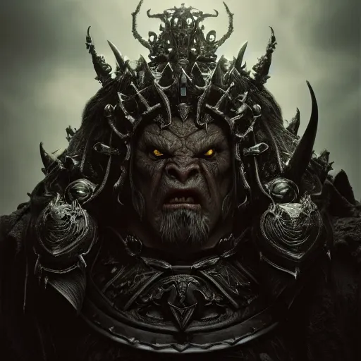 Image similar to full shot orc king, lord of the rings, final fantasy, warcraft, diablo, dark fantasy, moody, : : by michal karcz, daniel merriam, victo ngai and guillermo del toro : : ornate, dynamic, particulate, intricate, elegant, highly detailed, centered, artstation, smooth, sharp focus, octane render, 3 d