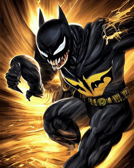 Image similar to venom as batman, with the powers of flash, dynamic lighting, fantasy concept art, trending on art station, stunning visuals, creative, cinematic, ultra detailed, comic strip style, sumihei