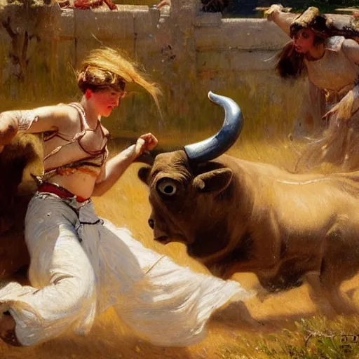 Image similar to a young girl killing a bull in a fight, highly detailed painting by gaston bussiere and j. c. leyendecker 8 k