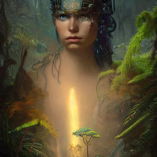 Prompt: tom bagshaw, beautiful amazon full armor, mythical cosmic shrine, soft painting render curiosities carnival pond river vegetation rocks bugs wildlife mushrooms covered moss bioluminescent wisps, beautiful stunning waterfall, accurate features, focus, very intricate ultrafine details, random volumetric lighting, fog, award winning masterpiece, octane render 8 k hd, artstation