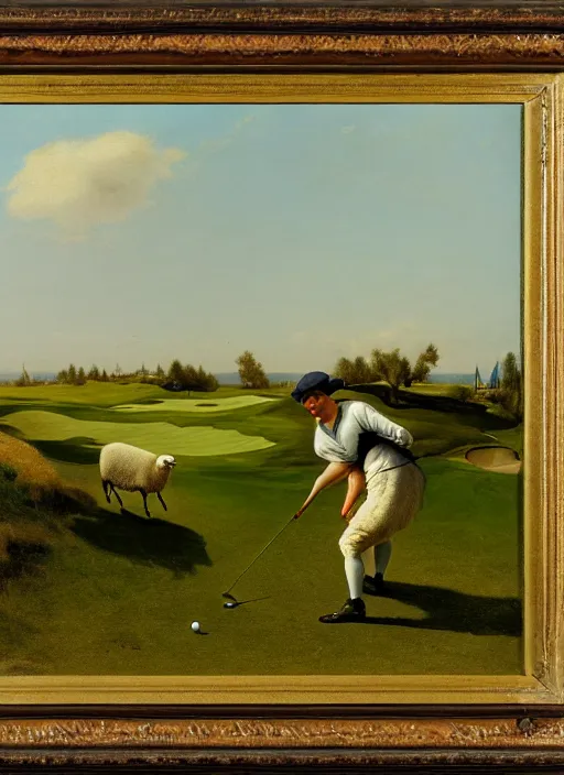 Image similar to a sheep swinging a golf club, sharp focus, matte painting, by isaac levitan and asher brown durand,