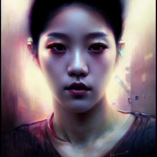 Image similar to jisoo of blackpink, hyperrealistic portrait, bladerunner street, by karol bak and agnes cecile, fantasy art, photo realistic, dynamic lighting, artstation, poster, volumetric lighting, very detailed face, 8 k, award winning