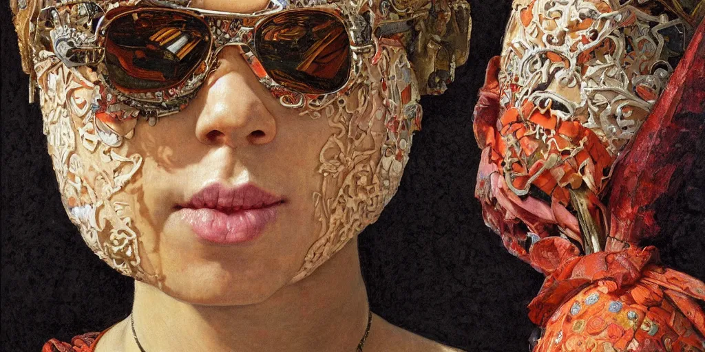 Prompt: close - up portrait of a beautiful woman wearing sunglasses and a balaclava with colourful intricate psychodelic patterns, by edgar maxence and caravaggio and michael whelan and delacroix style, artistic, intricate drawing, light brazen, realistic fantasy, extremely detailed and beautiful aesthetic face, establishing shot, 8 k resolution, dramatic lighting